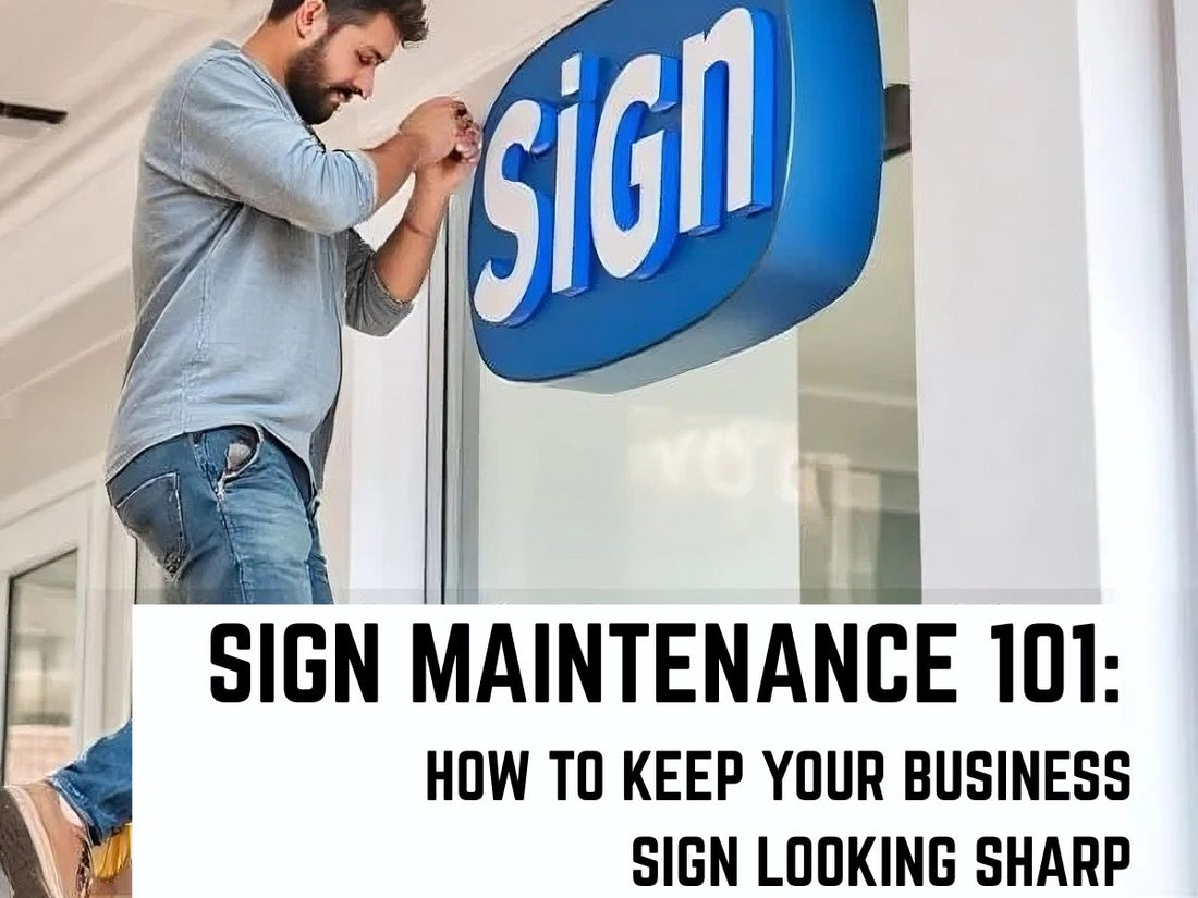 Business owner cleaning a storefront metal sign to maintain shine and readability