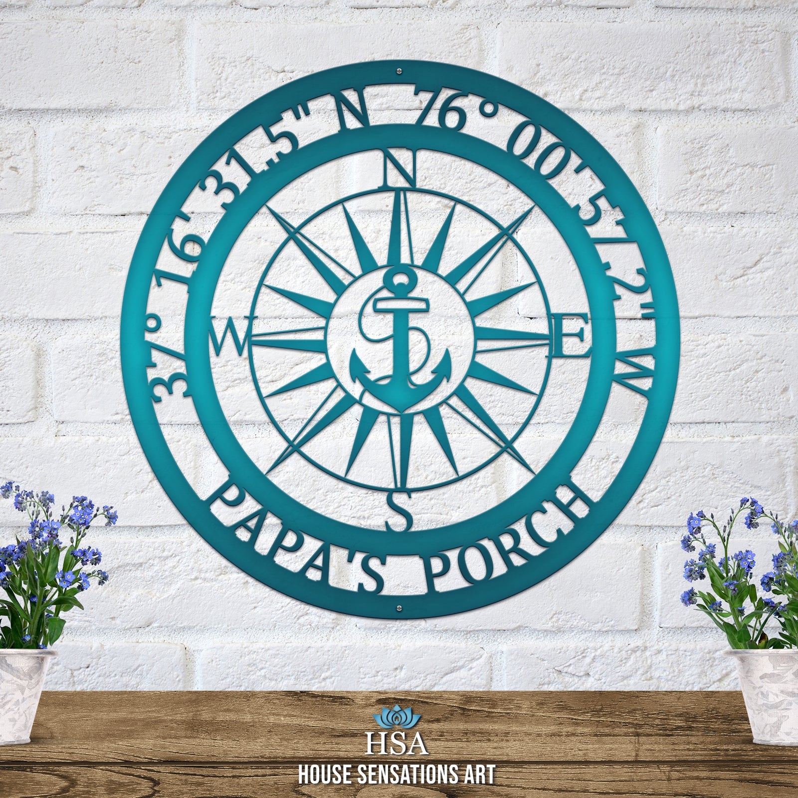 Round Nautical Compass with Personalized GPS Coordinates, House Number