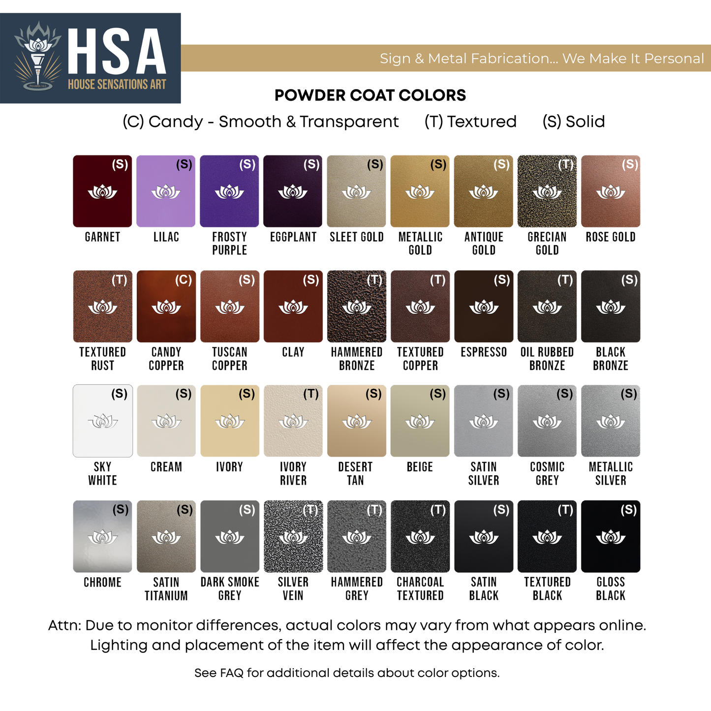 Powder coat finish color chart with swatches and descriptions for custom metal business anniversary signs, showcasing available decorative finishes, HouseSensationsArt