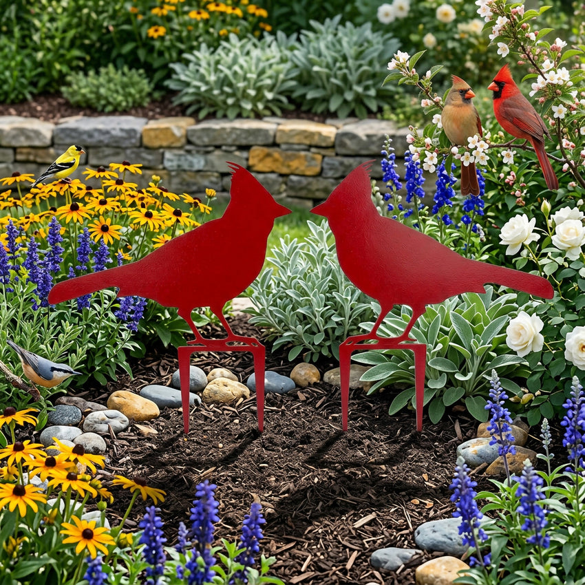 Red metal cardinal garden stakes showcased in vibrant flower garden with blooming plants and decorative stone border