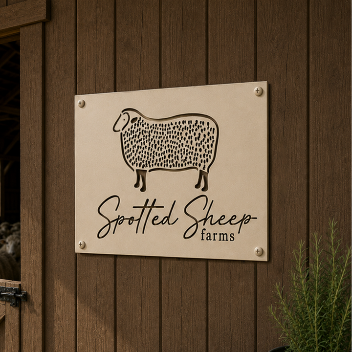 Cream spotted sheep farm metal wall art mounted on dark wood barn wall with sheep barn and wool basket nearby
