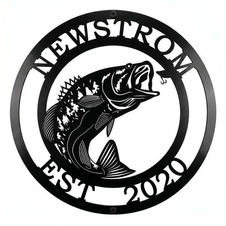 Black custom bass fish metal sign with Newstrom and Est 2020 cutout text on a white background