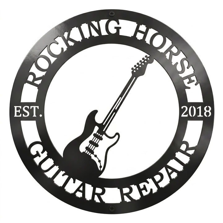 Personalized black metal round sign featuring a cut-out electric guitar, custom text Rocking Horse Guitar Repair, and established date 2018 on a solid white background.