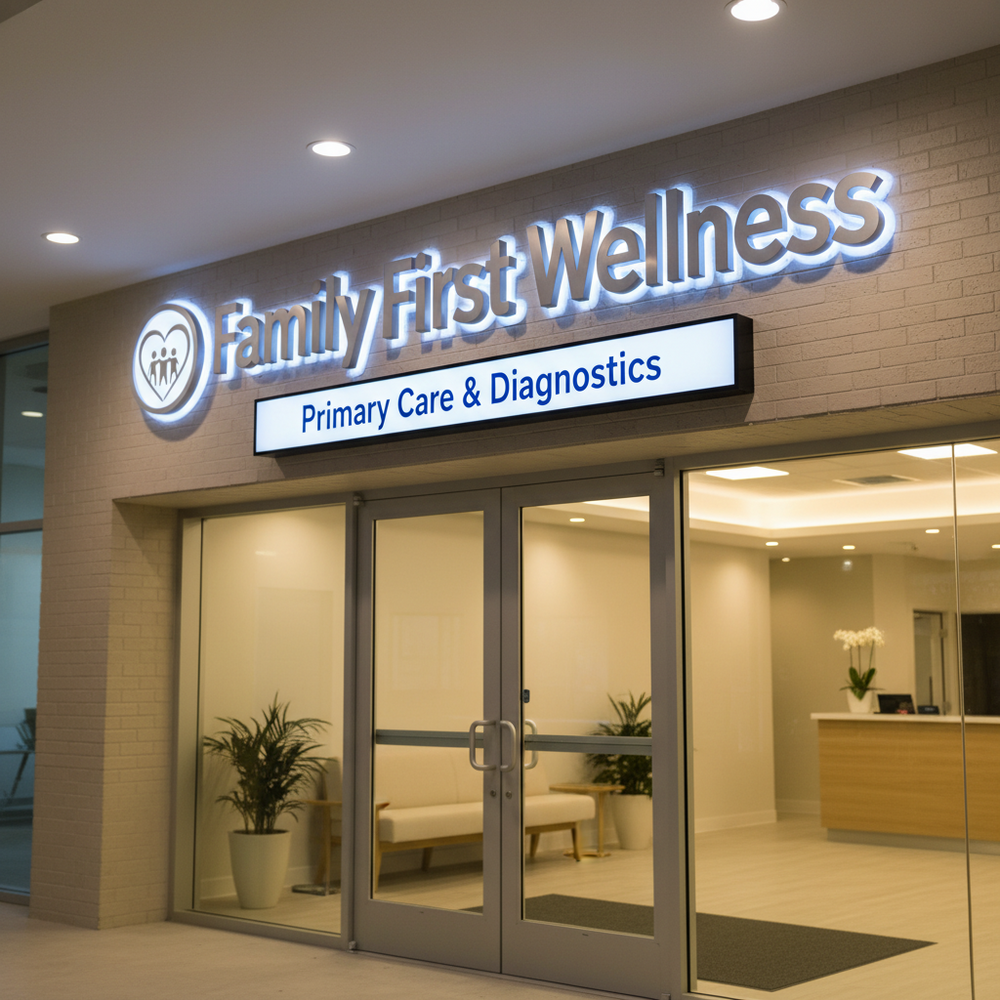 "Family First Wellness" clinic storefront featuring custom channel letter signage above glass doors, showing interior view and business branding.