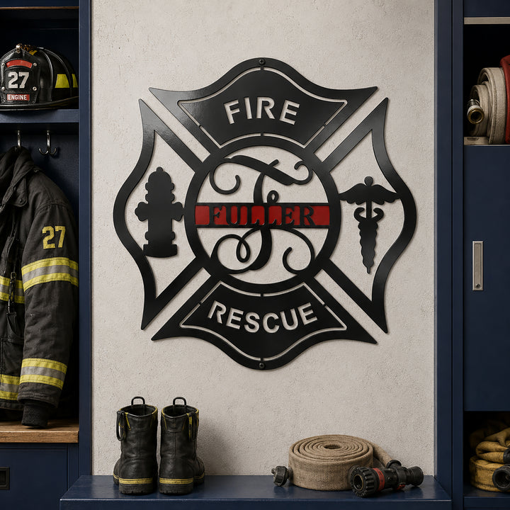 Custom firefighter Maltese cross monogram metal wall art with Fuller name displayed inside fire station gear room with boots and fire hose