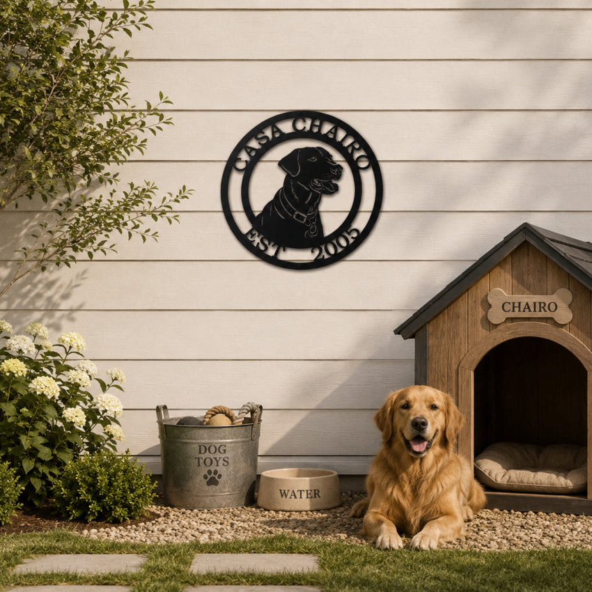 Custom Labrador Retriever metal wall sign displayed outdoors beside dog house with golden retriever and pet accessories