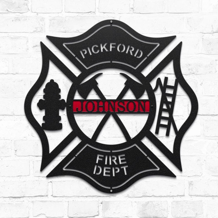 Wall art metal sign of Fire department emblem with personalized name on a white brick wall background