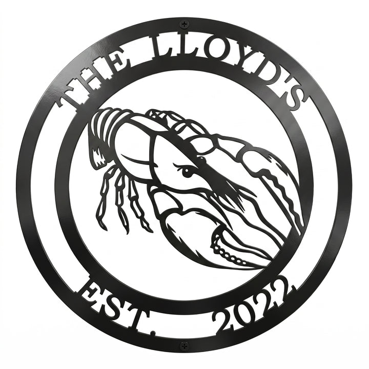 round crawfish metal sign with The Lloyds and Est 2022 on white background