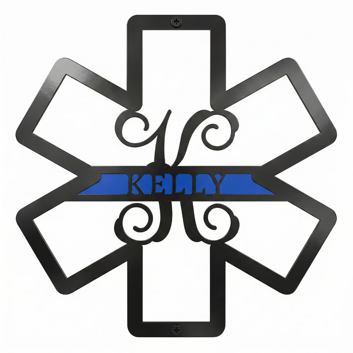 Black and blue personalized EMS Star of Life metal sign with custom name on white background