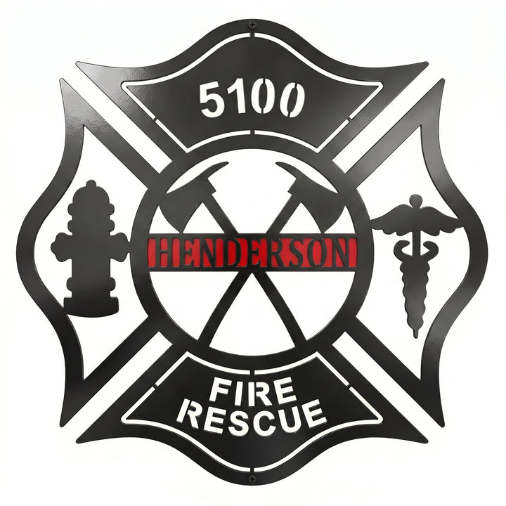 Personalized firefighter Maltese Cross metal sign with Henderson name fire rescue text hydrant axes and medical symbol on white background