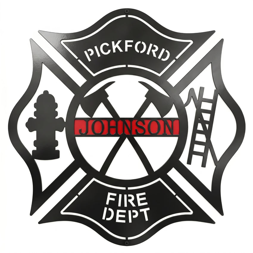 Personalized firefighter maltese cross metal wall sign with Pickford Johnson Fire Department design on white background