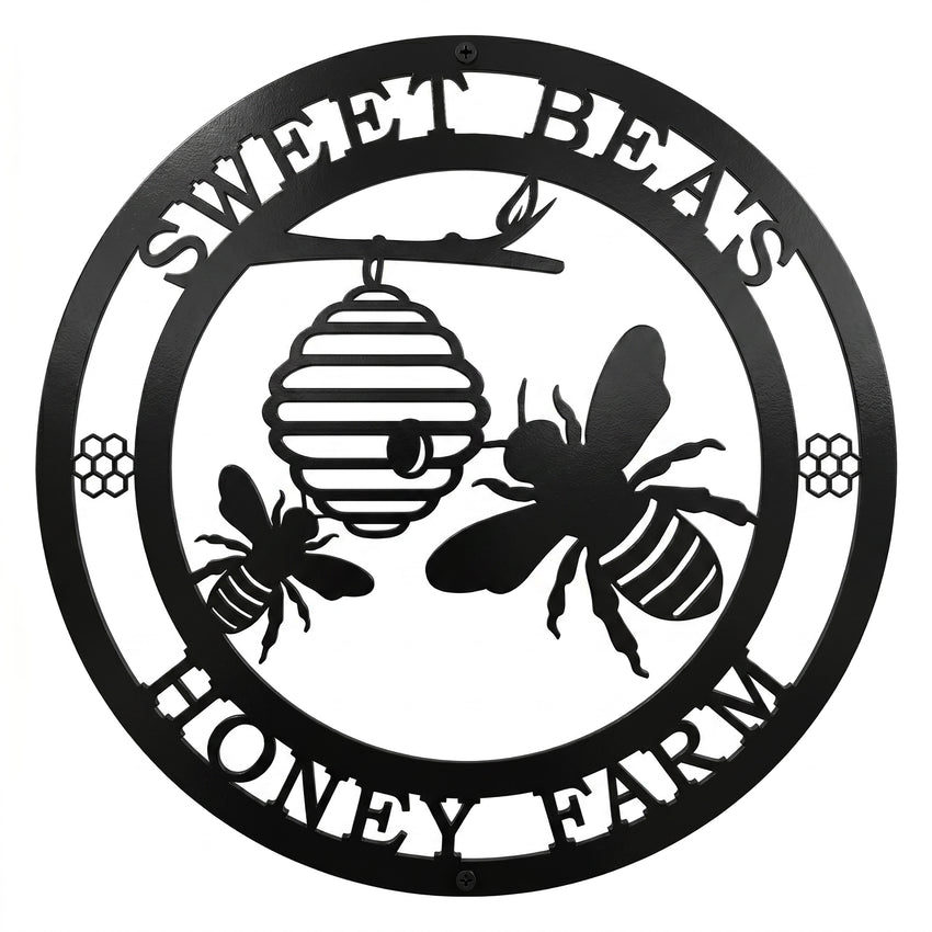 honey bee farm metal wall sign with beehive and bee silhouette design