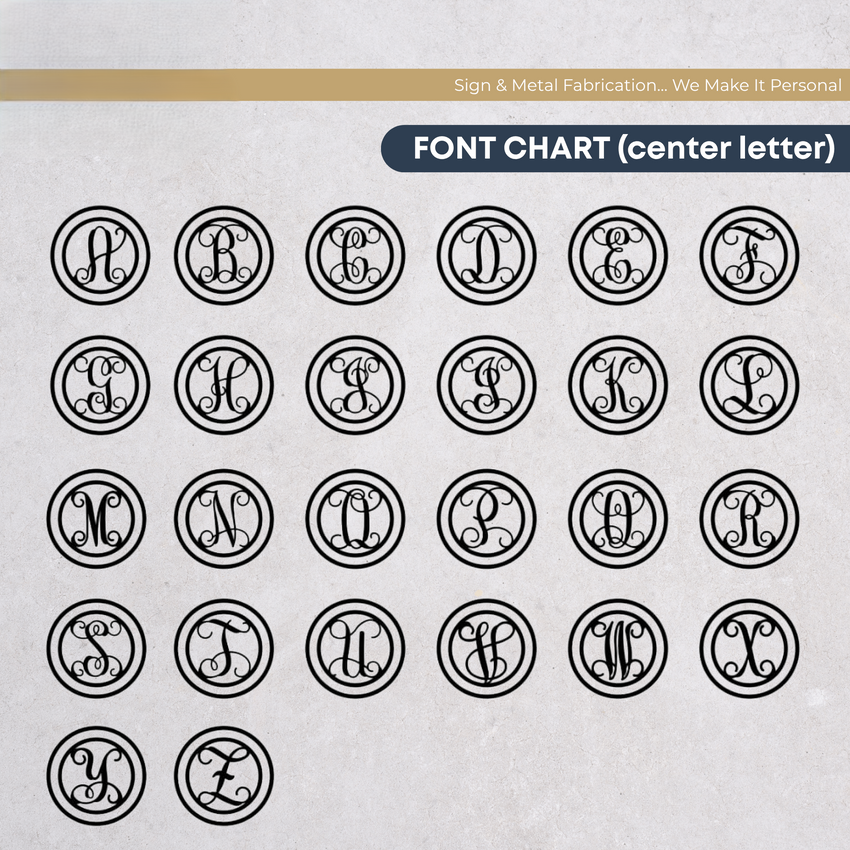 Font chart for custom monogram metal signs showing decorative center letter styles from A to Z for personalized wall decor