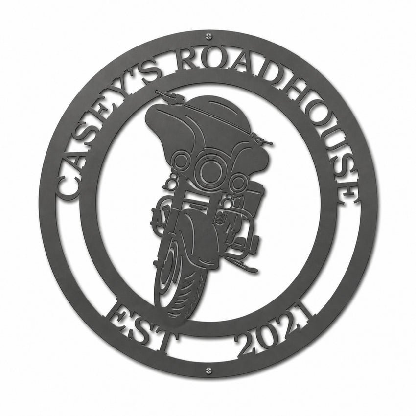 Metal motorcycle wall art with custom name Casey’s Roadhouse Est 2021, biker themed decor sign for garage, man cave, or home display