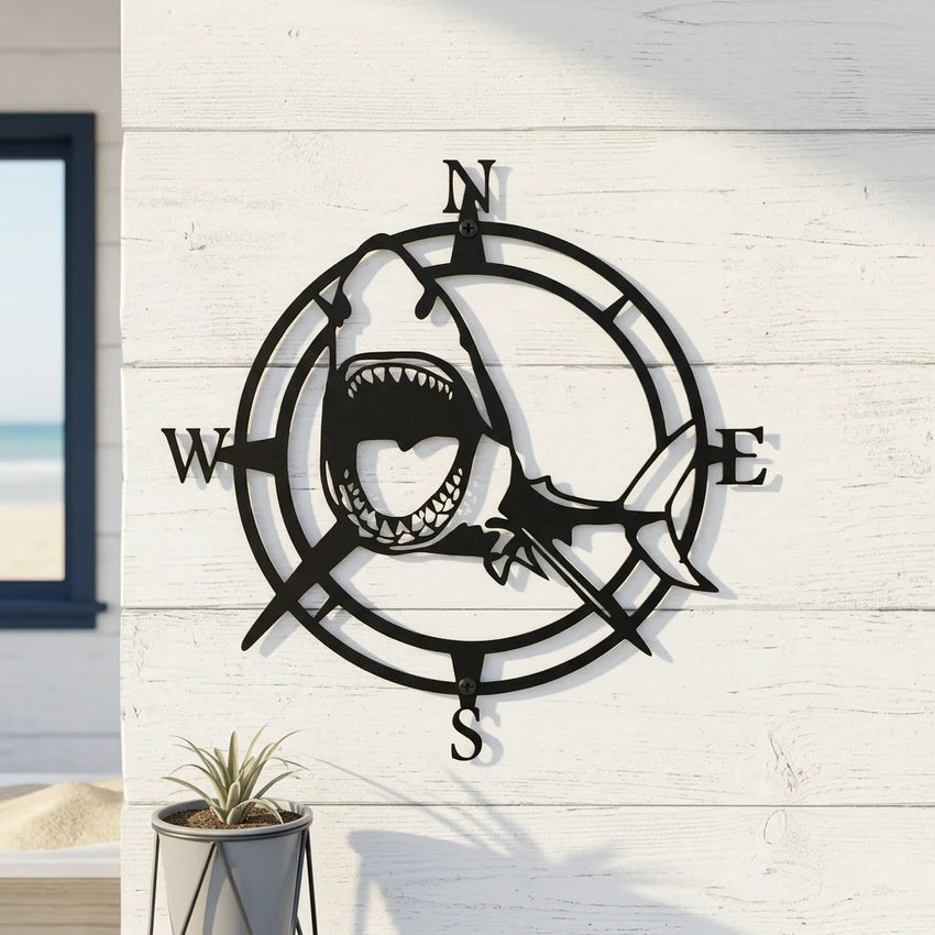 Custom Shark Nautical Compass Wall Art — Personalized Coastal Home or Office Decor