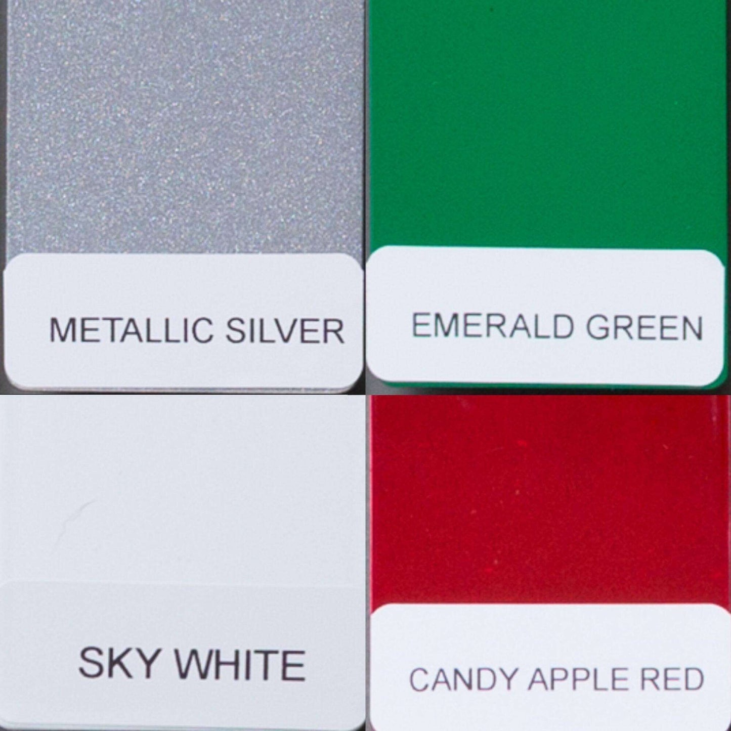 Color swatches labeled Metallic Silver, Emerald Green, Sky White, and Candy Apple Red on white background, reference guide for custom metal sign finishes and decorative color options