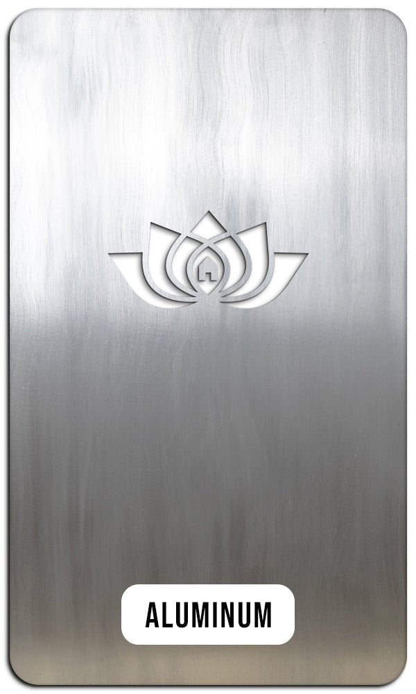Metallic card with logo and “Aluminum” label on silver background, showcasing material type for custom metal signs and hardware products