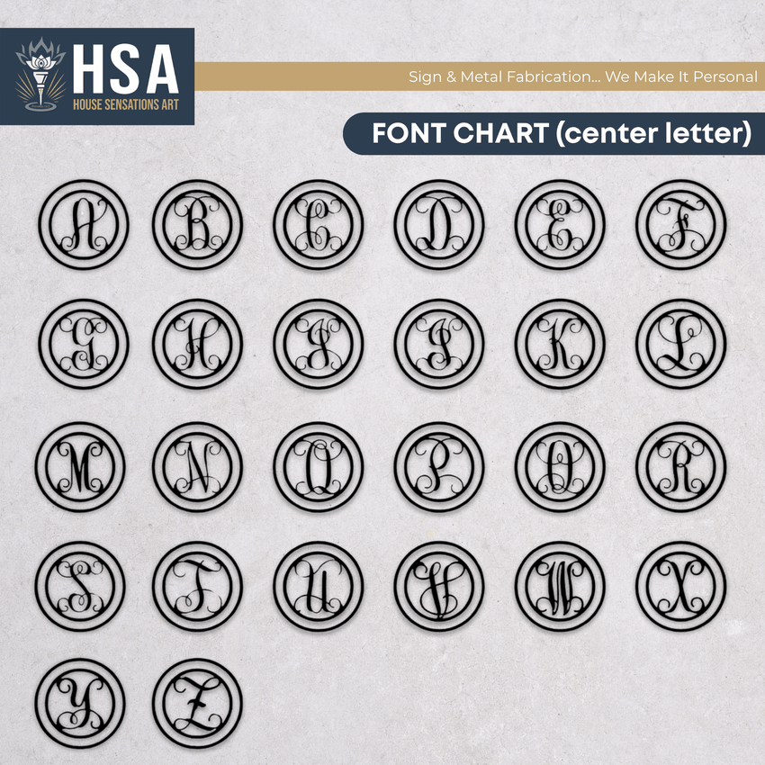 Font chart for a personalized last-name metal monogram sign