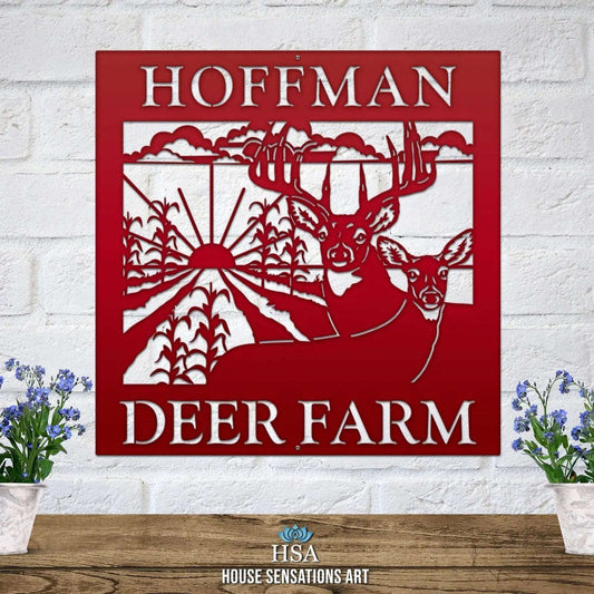Custom Metal Deer Sign with Rustic Corn Rows & Sunset Design - HouseSensationsArt