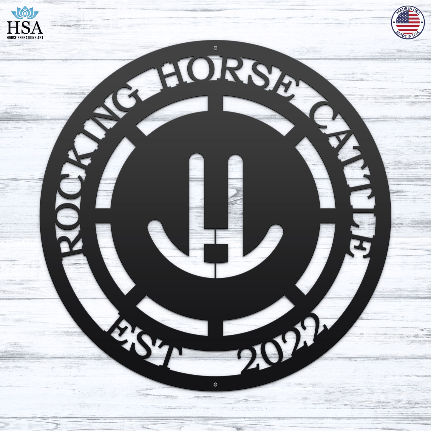 Custom personalized circular metal farm sign featuring “Rocking Horse Candle” branding on a wooden background, perfect for rustic or modern farmhouse décor, ranch signage, and outdoor wall art.