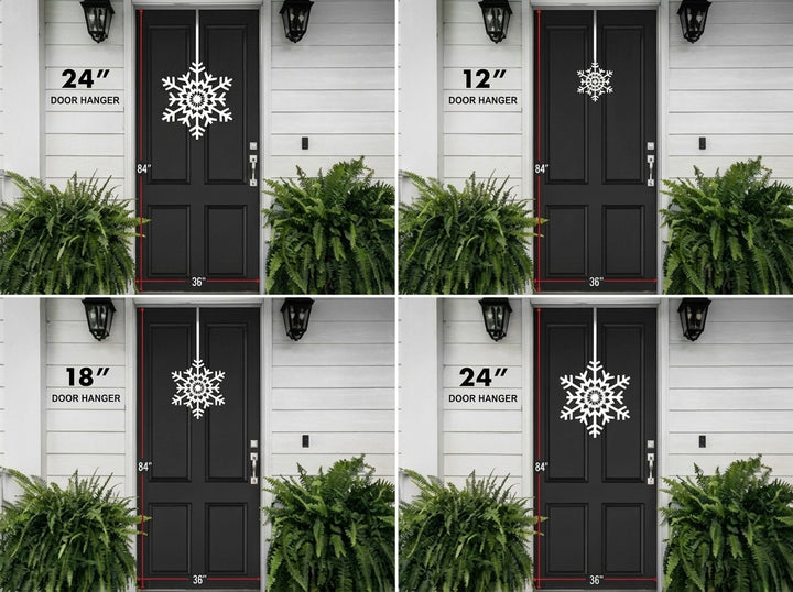 HSA wreath size examples displayed on a white door with door hangers and measurements, showcasing different dimensions and installation options for accurate selection.
