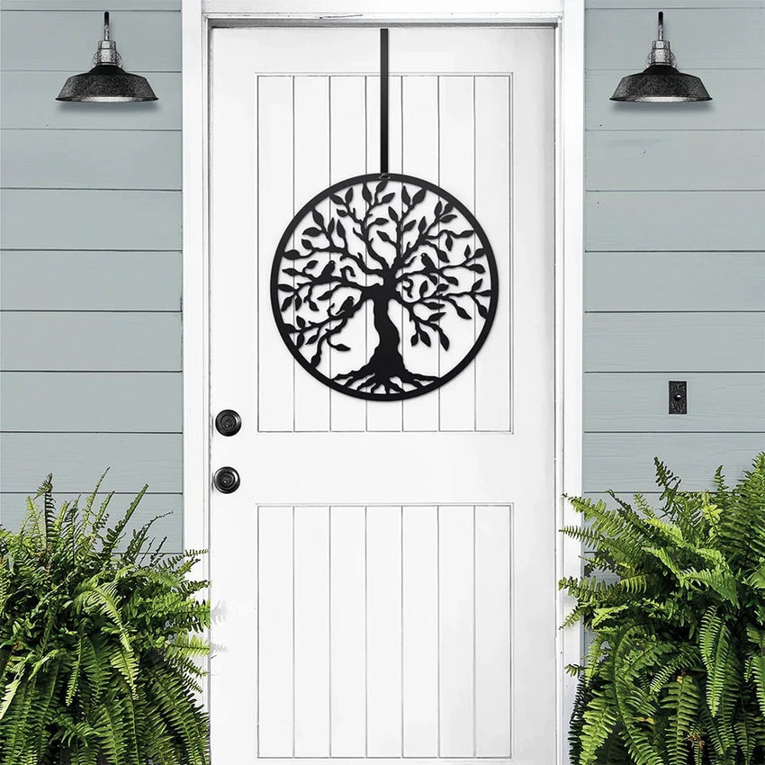 Personalized Tree of Life metal front door wreath with decorative laser-cut branches
