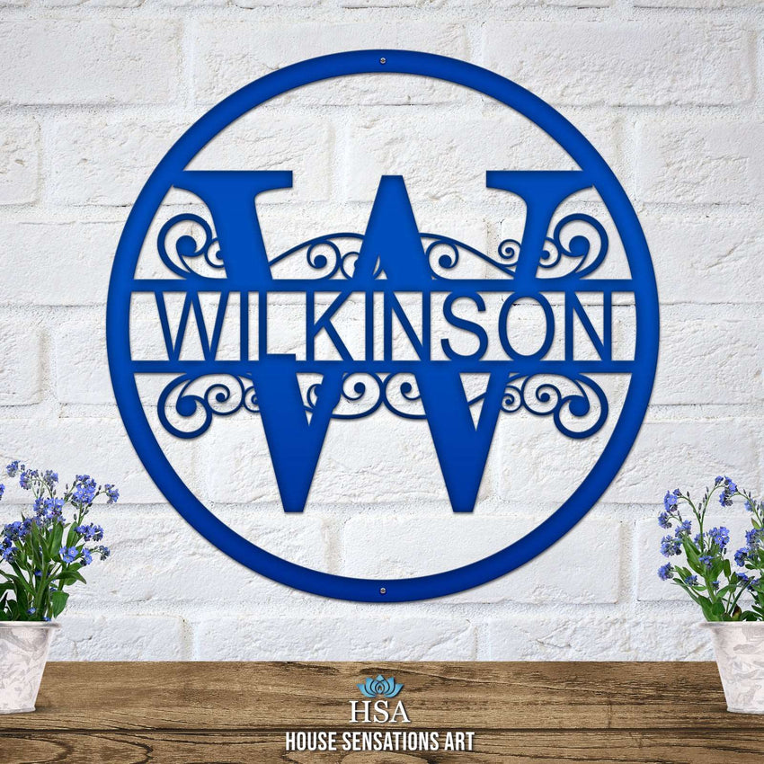 Personalized Wilkinson family metal monogram sign displayed at an outdoor front entrance, photo 5