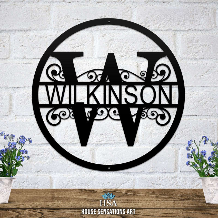 Personalized Wilkinson family metal monogram sign displayed at an outdoor front entrance, photo 7