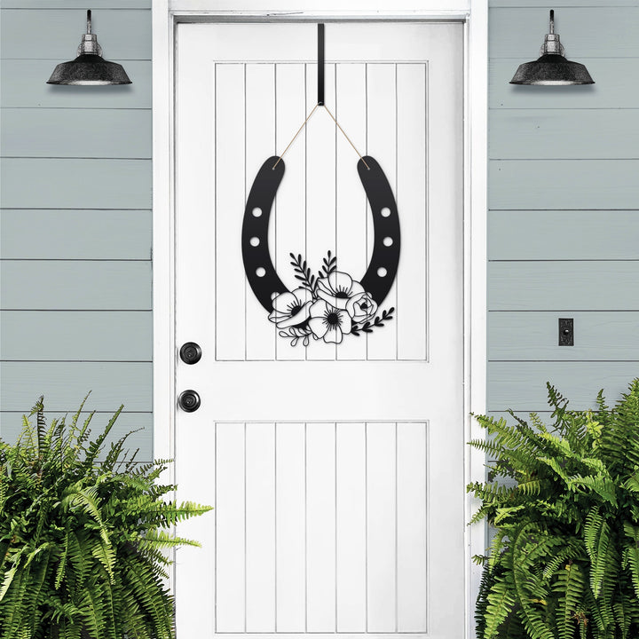 Horseshoe floral vinyl wall decal on white door, lucky home décor sticker, farmhouse style decorative door art, gift horseshoe design