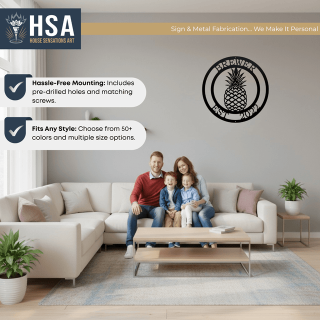 Metal Pineapple Welcome Sign – Personalized Family Name Decor - HouseSensationsArt