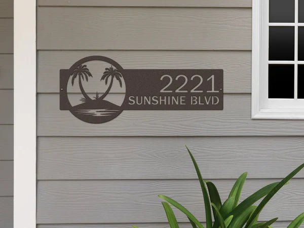 Palm Tree Address Plaque – Custom Metal House Number Sign - HouseSensationsArt