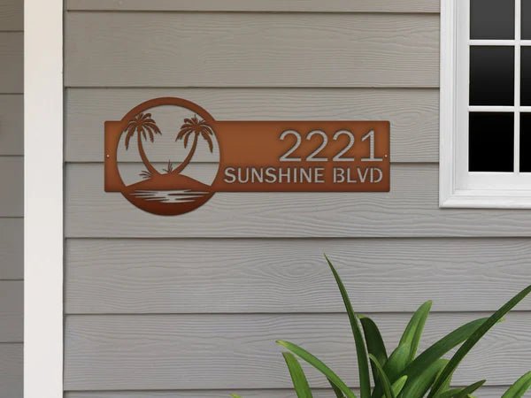 Palm Tree Address Plaque – Custom Metal House Number Sign - HouseSensationsArt