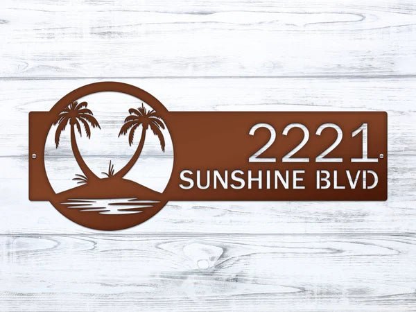 Palm Tree Address Plaque – Custom Metal House Number Sign - HouseSensationsArt