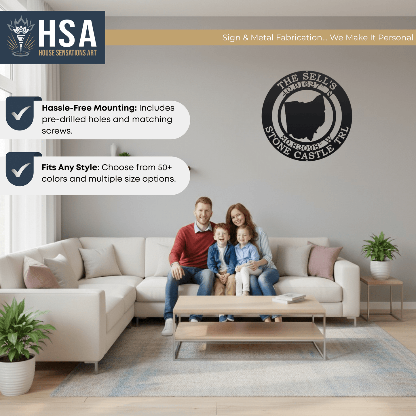 Family sitting on couch in living room with personalized metal wall décor and HSA House Sensations Art branding, decorative home coordinates sign, HouseSensationsArt