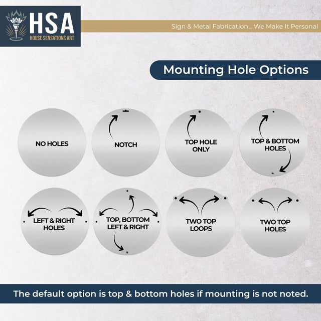 Personalized fish metal signs diagram showing mounting hole options with HSA branding, powder coated steel signage installation guide for custom outdoor or indoor wall art, front door or lake house entry metal sign hardware layout