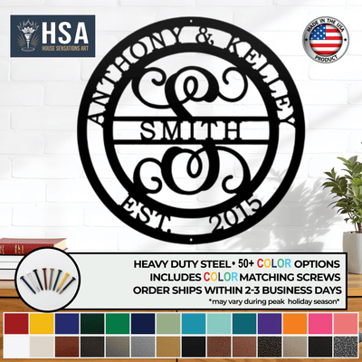 Decorative metal wall art featuring a personalized name and year, with “HSA” branding, showcasing custom craftsmanship and stylish, durable design for home décor.