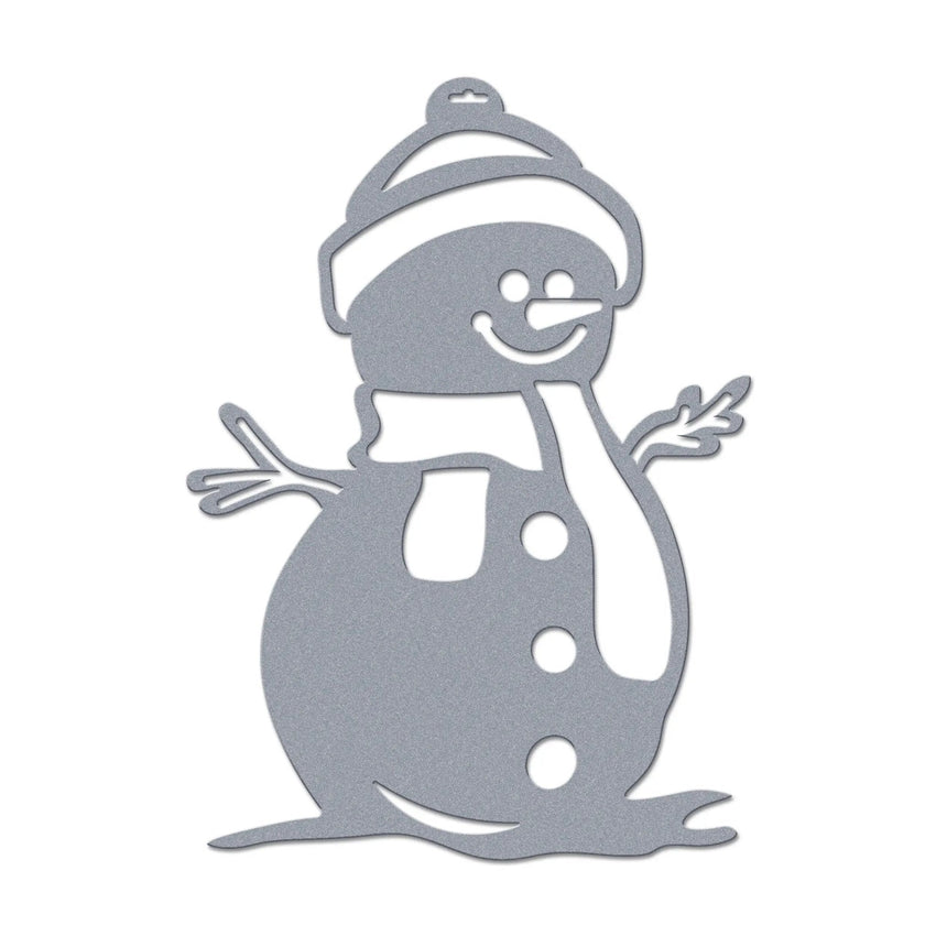 Metallic snowman decoration on white background, personalized holiday décor sample, festive winter wall or door sign, custom seasonal metal ornament