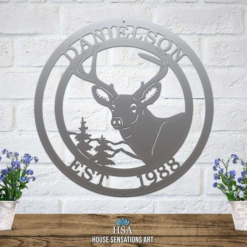 Rustic Deer Wall Decor - Custom Metal Name Plaque - HouseSensationsArt