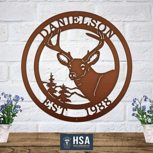 Rustic Deer Wall Decor - Custom Metal Name Plaque - HouseSensationsArt
