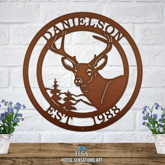 Rustic Deer Wall Decor - Custom Metal Name Plaque - HouseSensationsArt