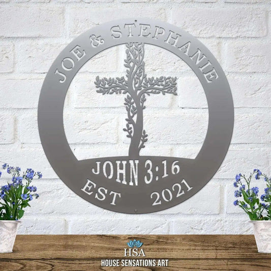 Tree of Life Cross Family Name Signs – Personalized Metal Wall Art - HouseSensationsArt