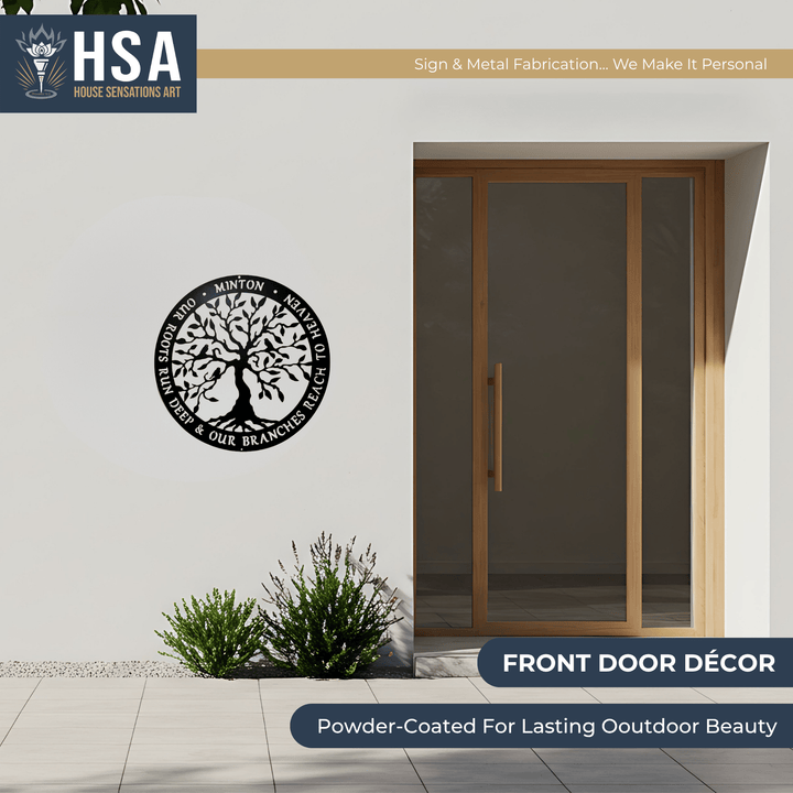 Decorative metal wall art mounted on a house exterior, featuring “HSA” branding, showcasing durable craftsmanship and stylish outdoor décor.