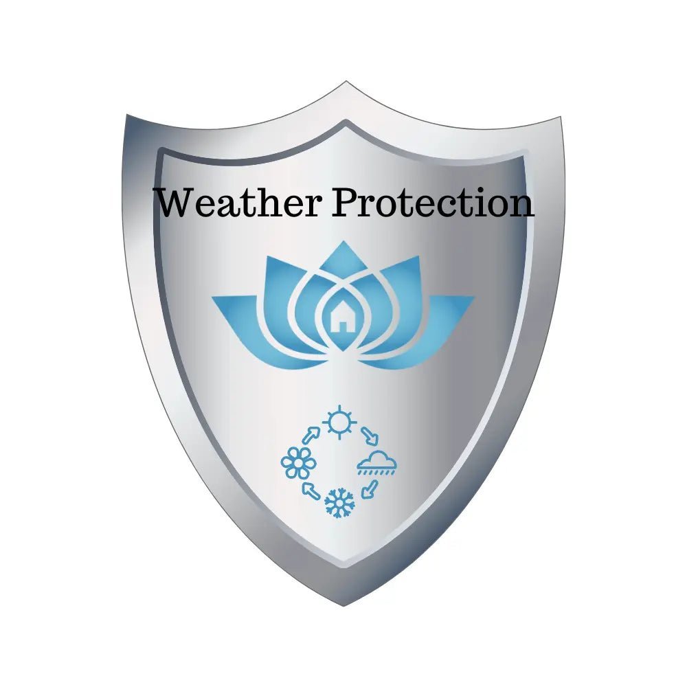 Shield icon with “Weather Protection” text and blue lotus design on white background, representing durability and outdoor-ready custom metal signs