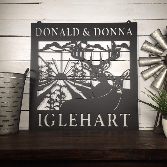 Custom Metal Deer Sign with Rustic Corn Rows & Sunset Design - HouseSensationsArt