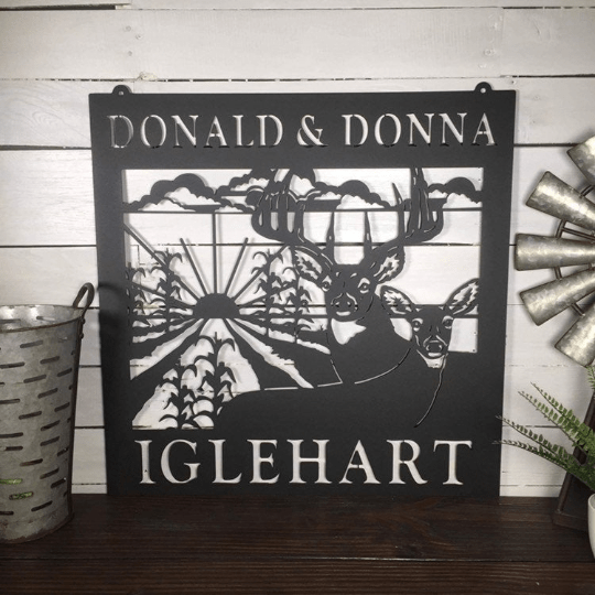 Custom Metal Deer Sign with Rustic Corn Rows & Sunset Design - HouseSensationsArt