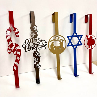 Set of Christmas and Hanukkah door wreath hooks, festive over-the-door wreath hangers for holiday home décor, displayed on a clean white background