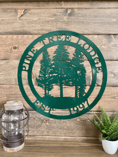 Pine Tree Metal Wall Art – Personalized Rustic Lodge & Cabin Decor - HouseSensationsArt