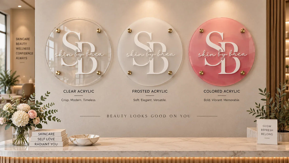 Illustrative comparison of clear, frosted, and colored acrylic business logo signs
