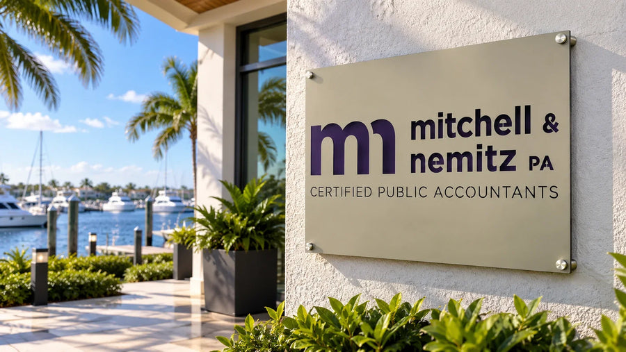 Illustrative brushed aluminum business sign mounted on a waterfront commercial building