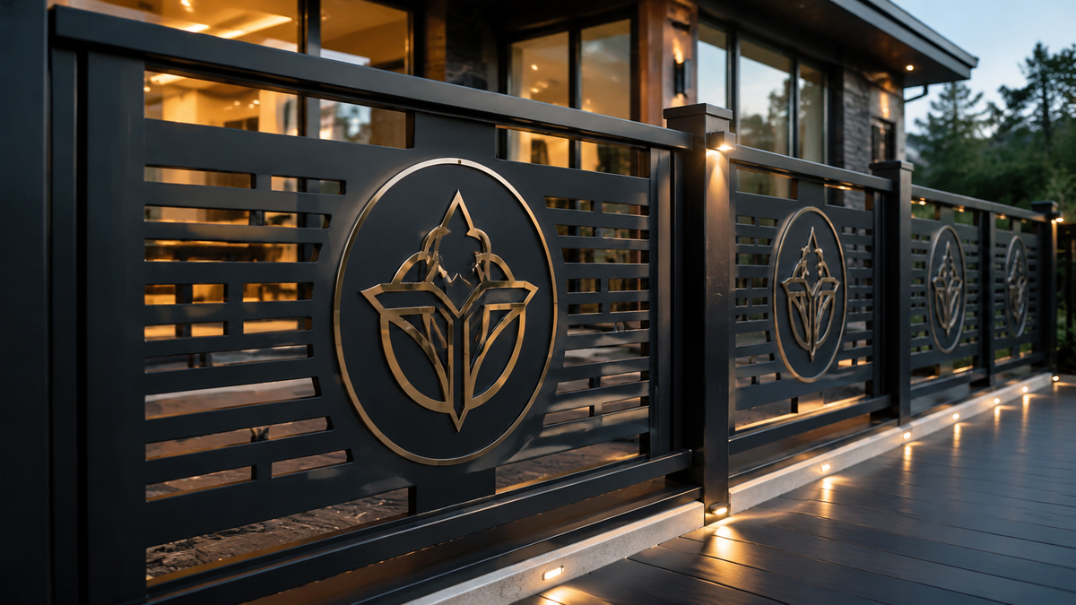 Illustrative concept of decorative cut-metal railing panels on a modern residential deck